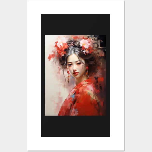 Japanese Girl in Red With Flowers in Her Hair Wall Art by kansaikate